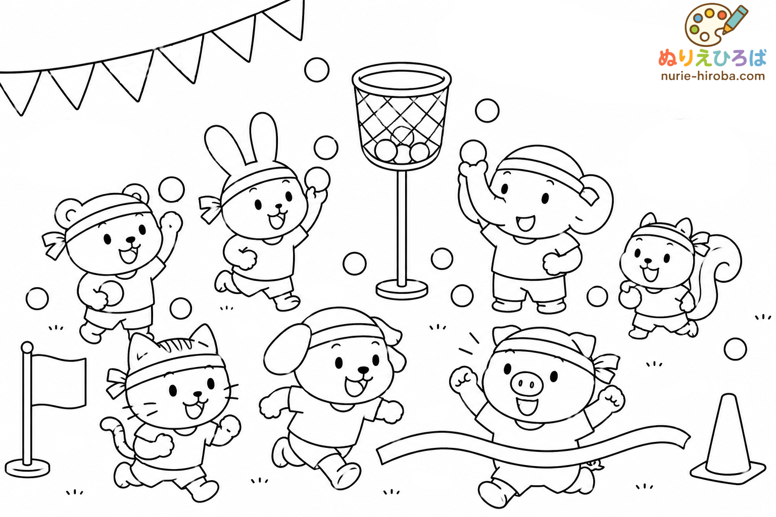 動物たちの運動会の無料塗り絵