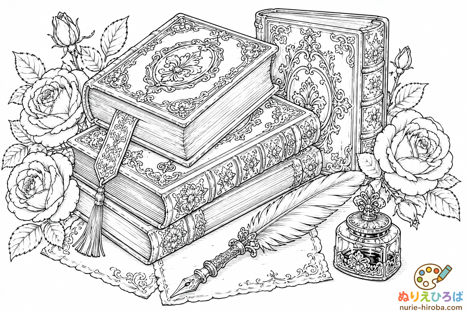 洋書と筆ペンの塗り絵（プレビュー）