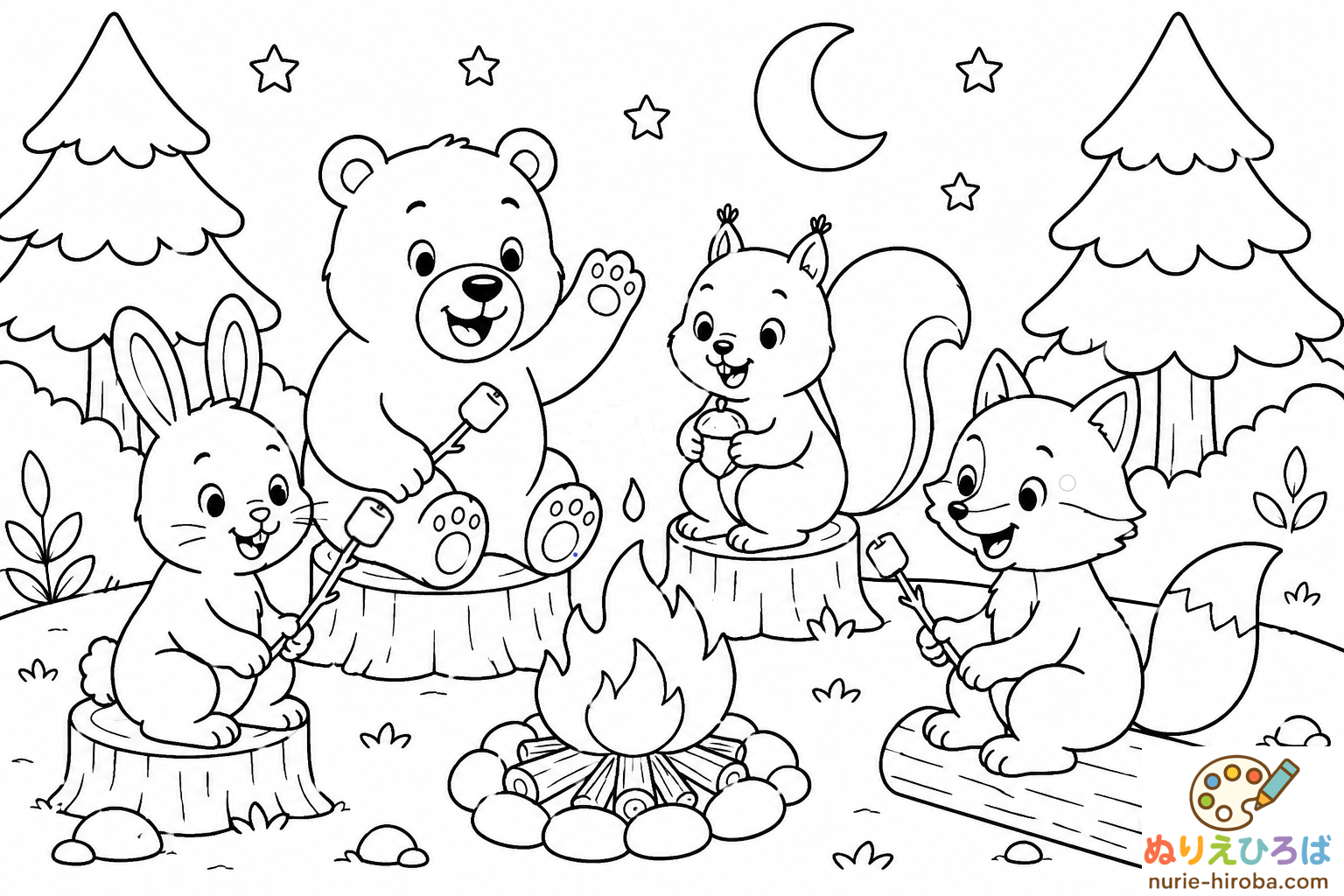 キャンプファイヤーに集まる動物たちの無料塗り絵