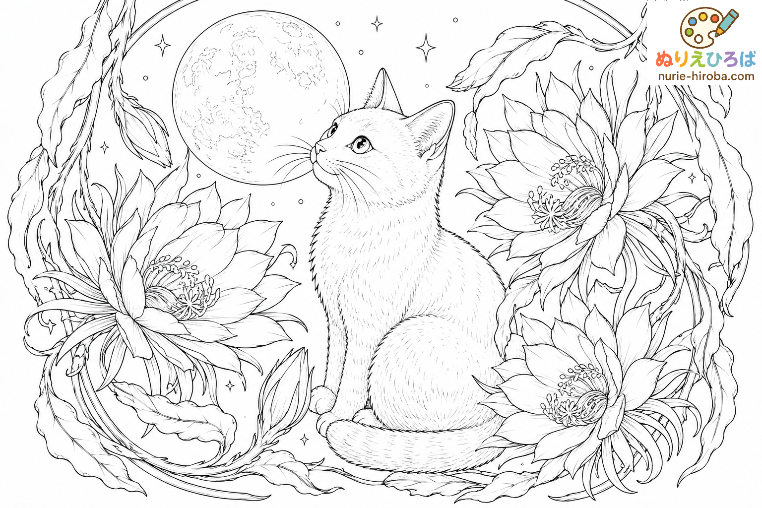 猫と月下美人の塗り絵（プレビュー）