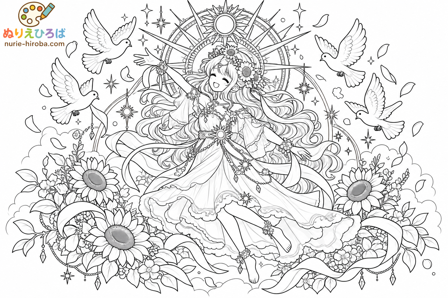 ひまわりと太陽の少女の塗り絵（プレビュー）