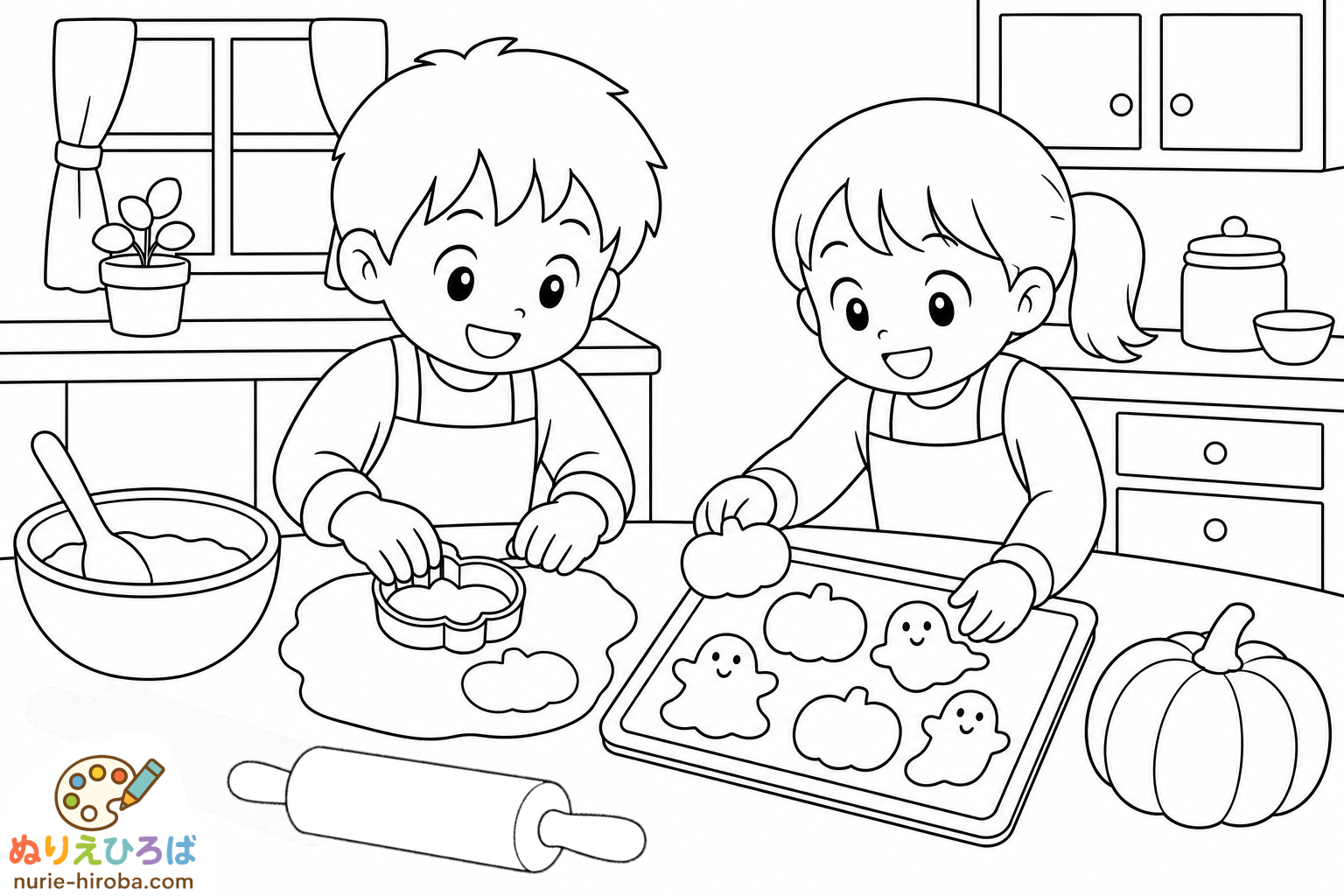 ハロウィンのお菓子作りの塗り絵（プレビュー）