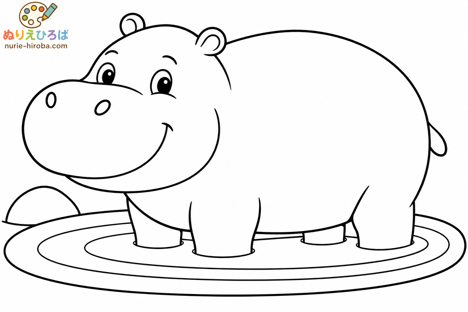 カバののんびり水あそびの塗り絵（プレビュー）