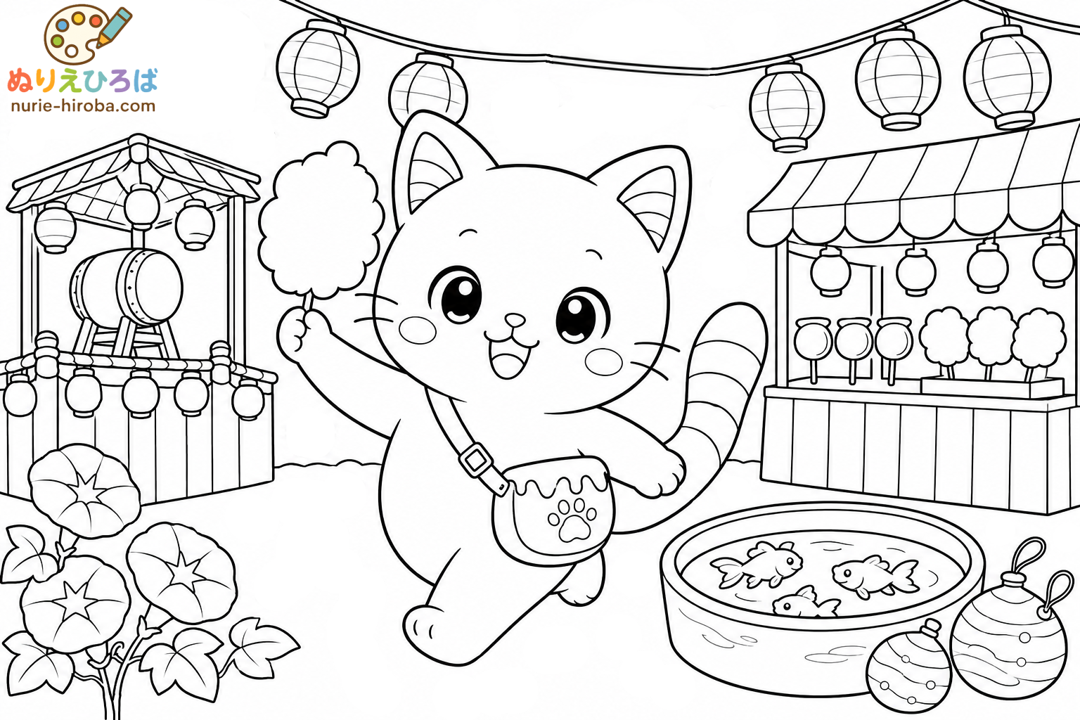 イロネコのわくわく夏祭りの塗り絵（プレビュー）