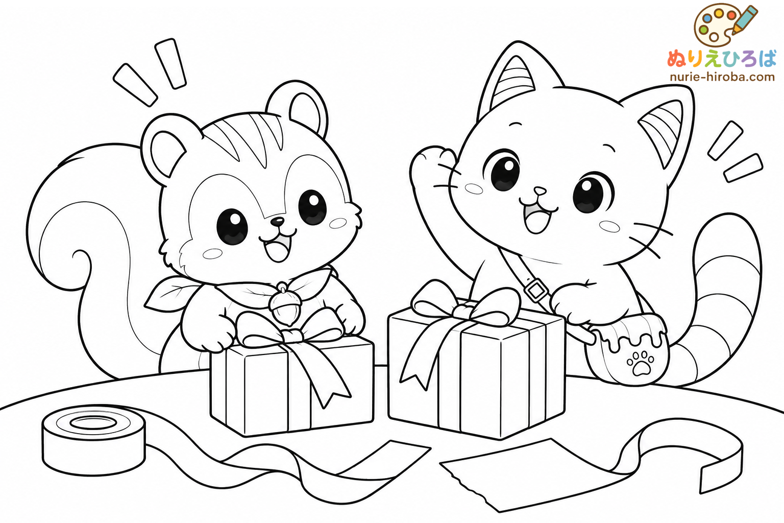 イロネコとモフリスのプレゼント準備の塗り絵（プレビュー）