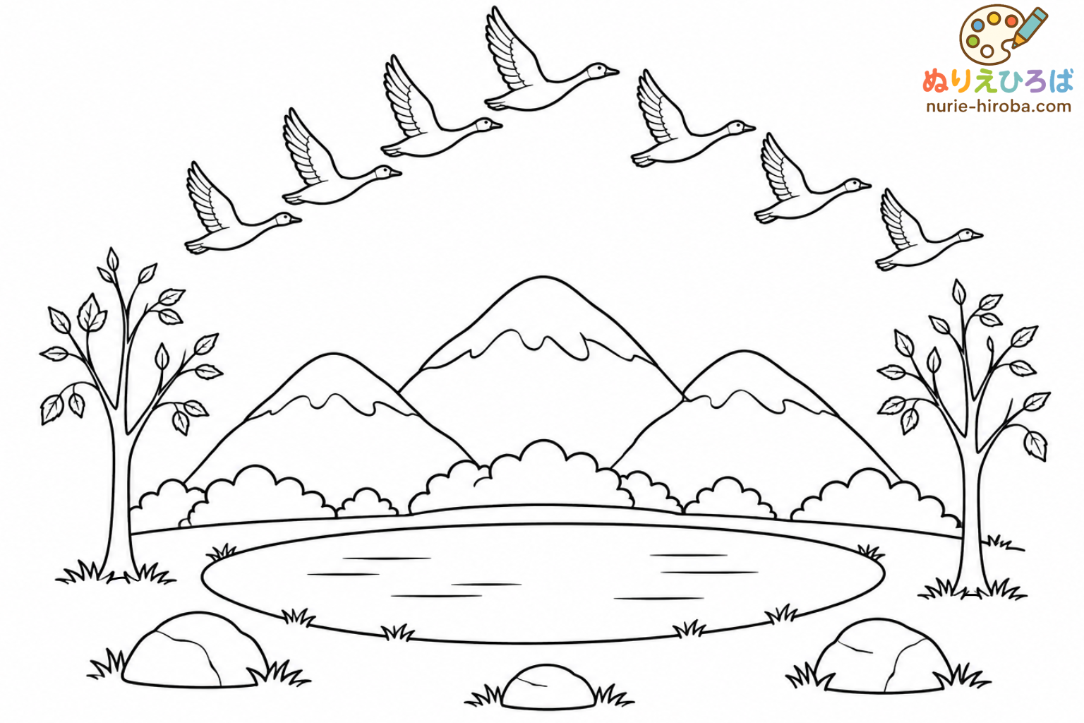 渡り鳥と秋の山の塗り絵（プレビュー）