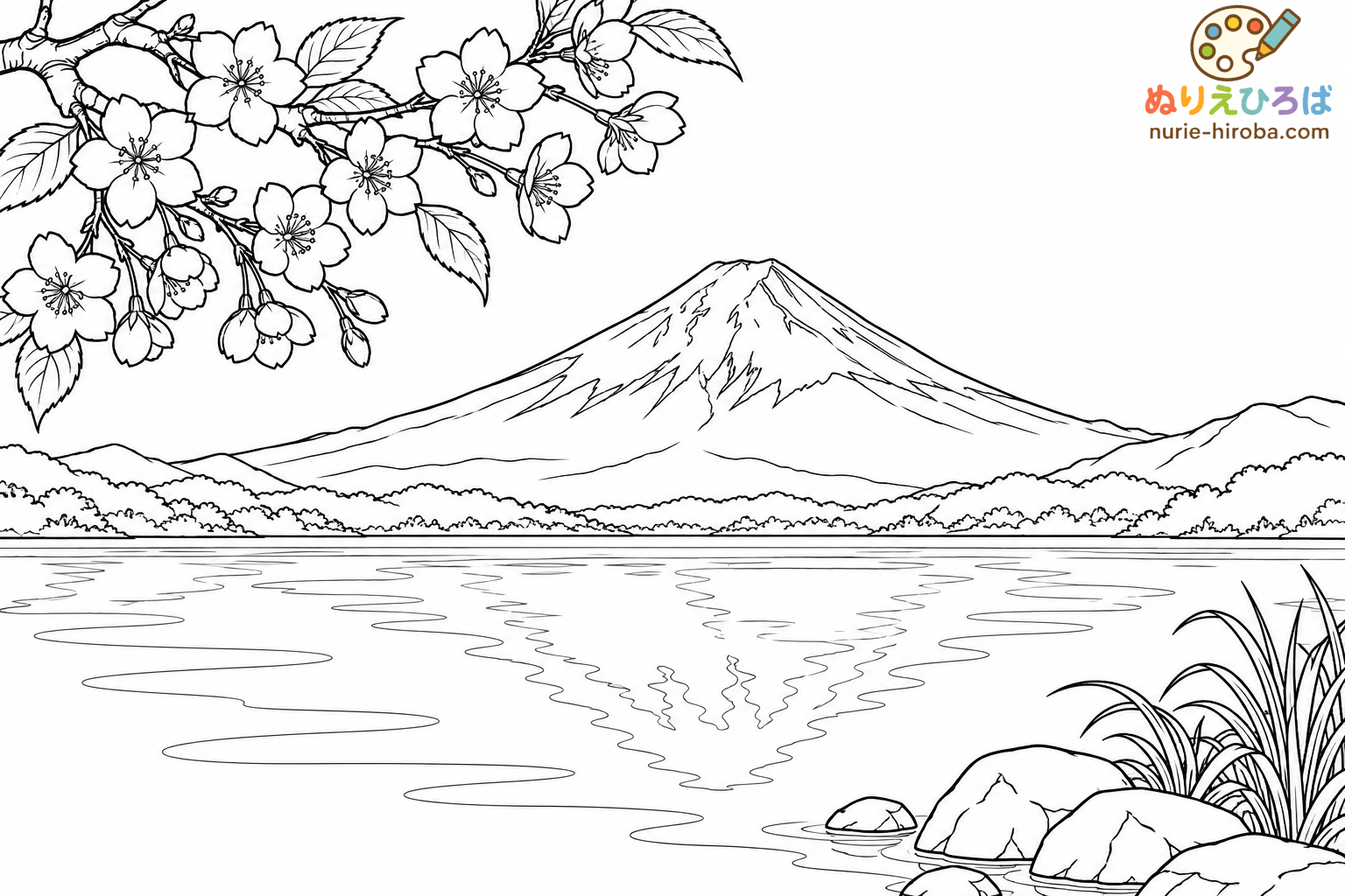 富士山と河口湖の桜の塗り絵（プレビュー）