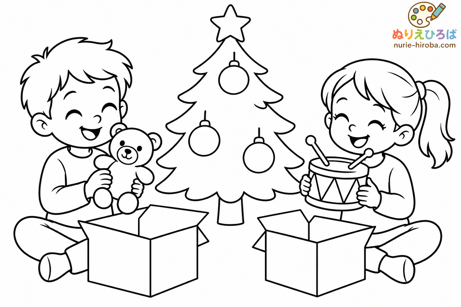 クリスマスプレゼントを開けようの塗り絵（プレビュー）