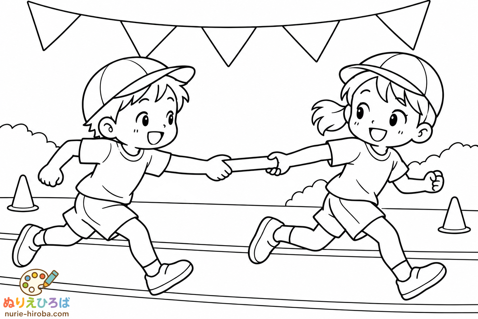 運動会のリレーの塗り絵（プレビュー）