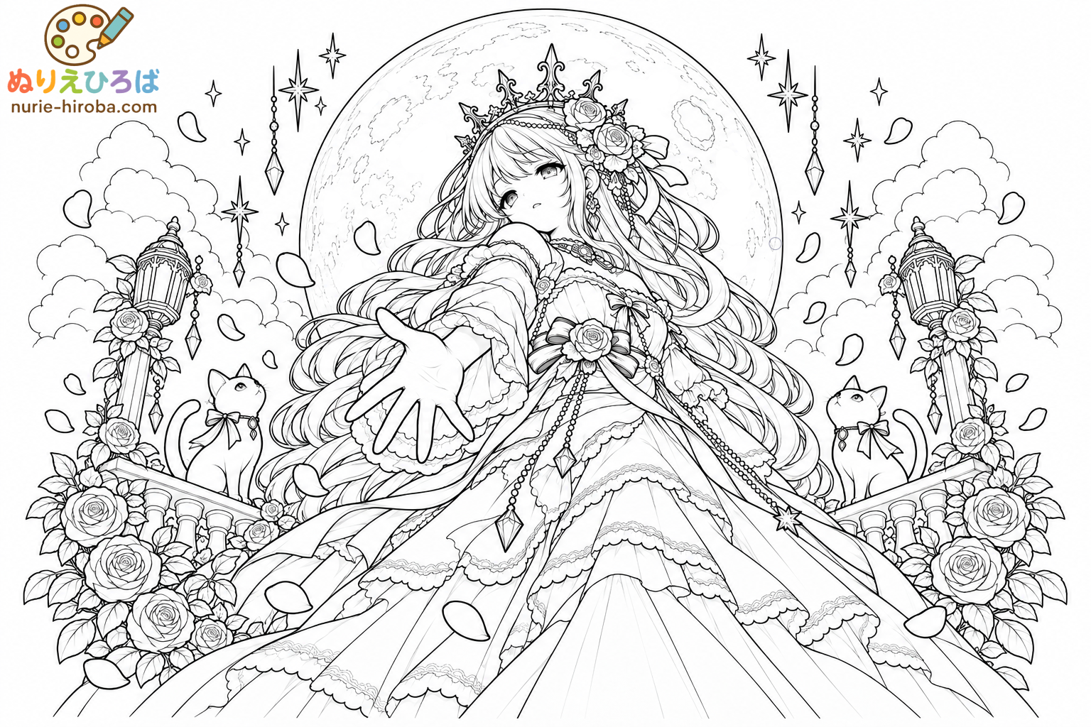 薔薇と月の少女の塗り絵（プレビュー）