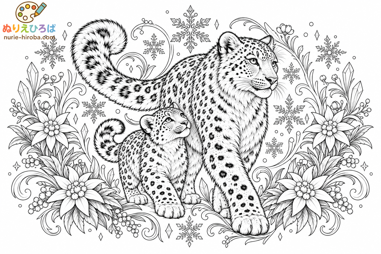 ユキヒョウとエーデルワイスの塗り絵（プレビュー）
