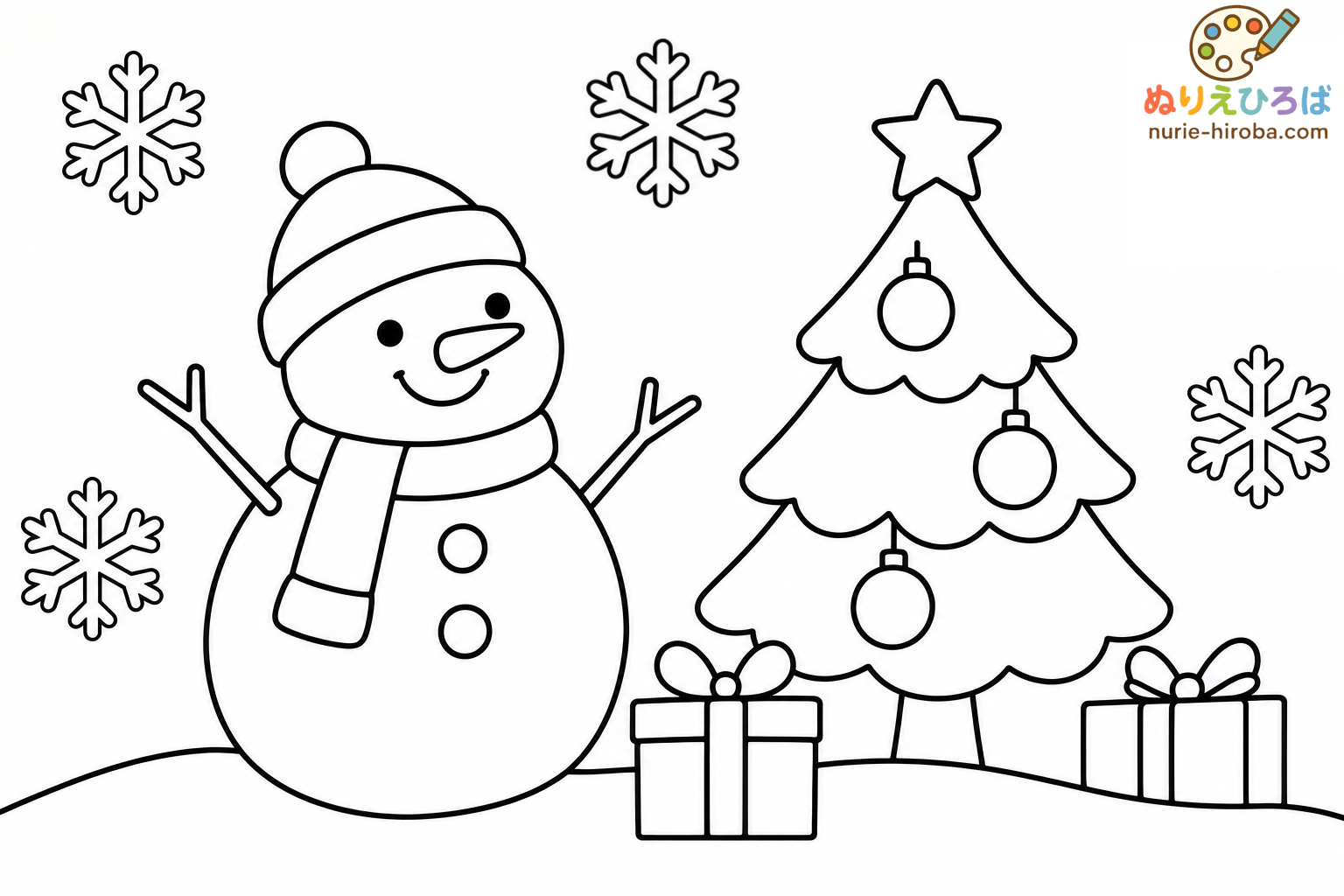 雪だるまとクリスマスツリーの塗り絵（プレビュー）