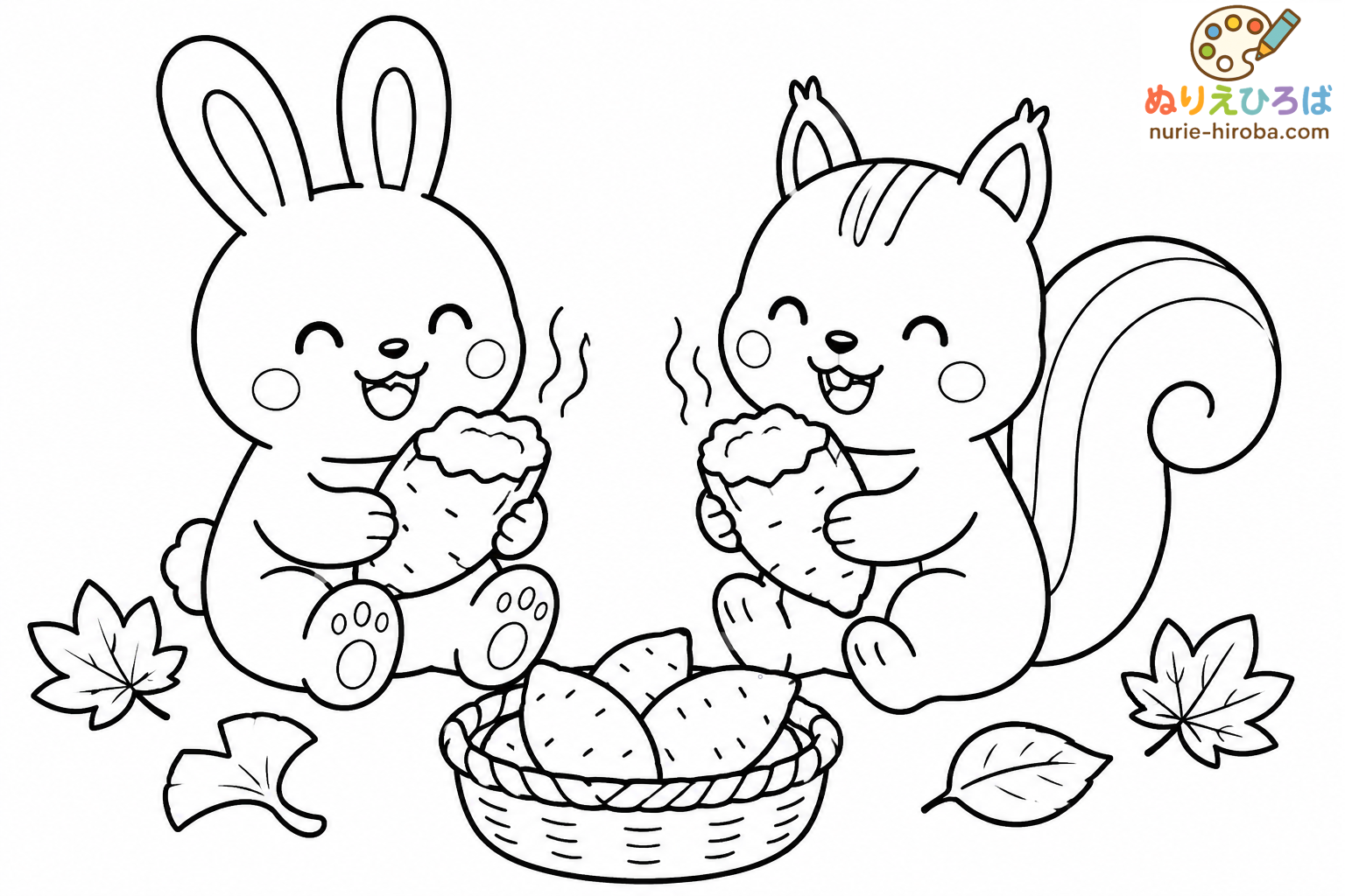 焼き芋を食べる動物たちの塗り絵（プレビュー）