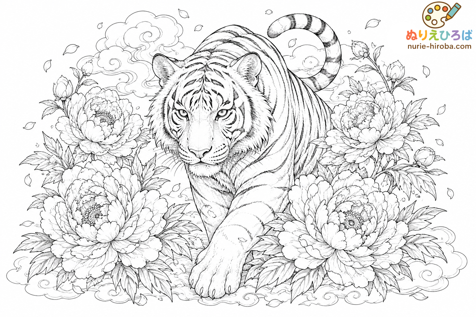 虎と牡丹の無料塗り絵