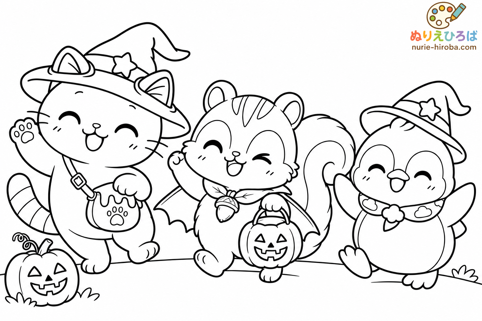イロネコたちの、ハロウィンの行進の塗り絵（プレビュー）