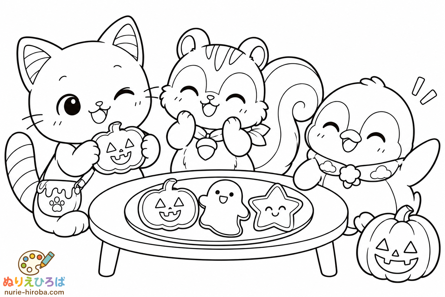 イロネコ達のハロウィンパーティーの塗り絵（プレビュー）