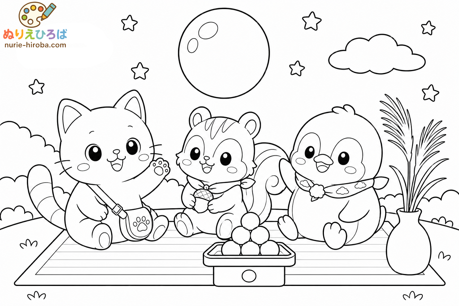 イロネコ達のお月見の塗り絵（プレビュー）
