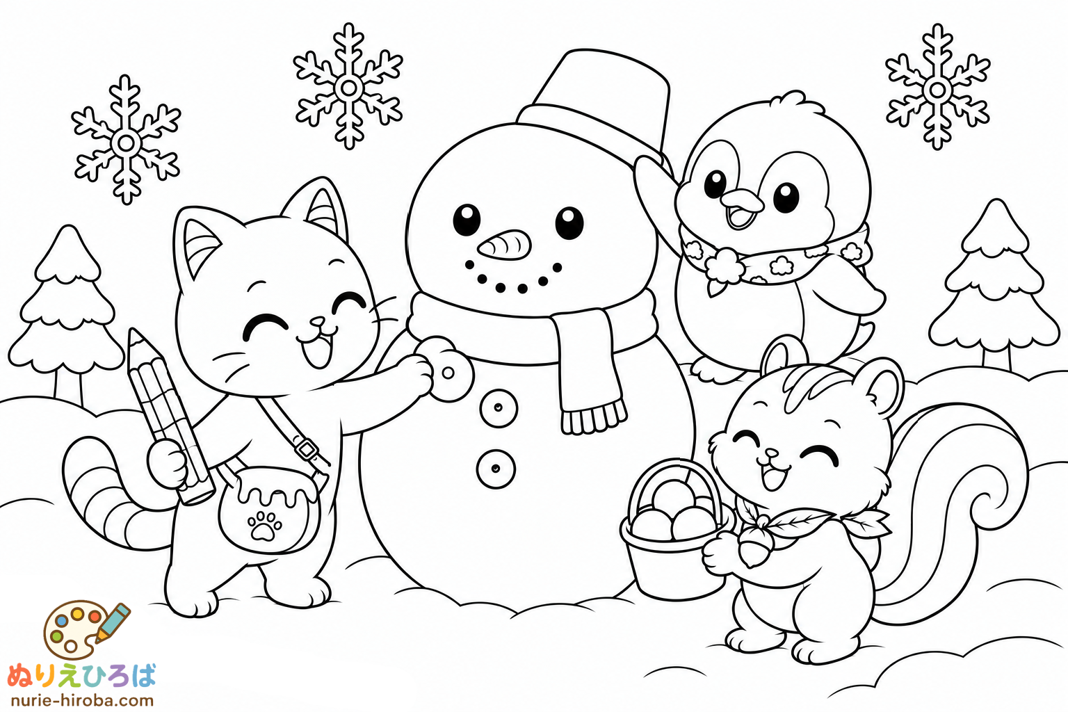イロネコ達の雪だるま作りの塗り絵（プレビュー）