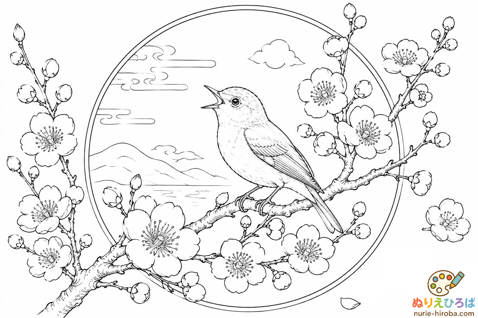 うぐいすと梅の無料塗り絵
