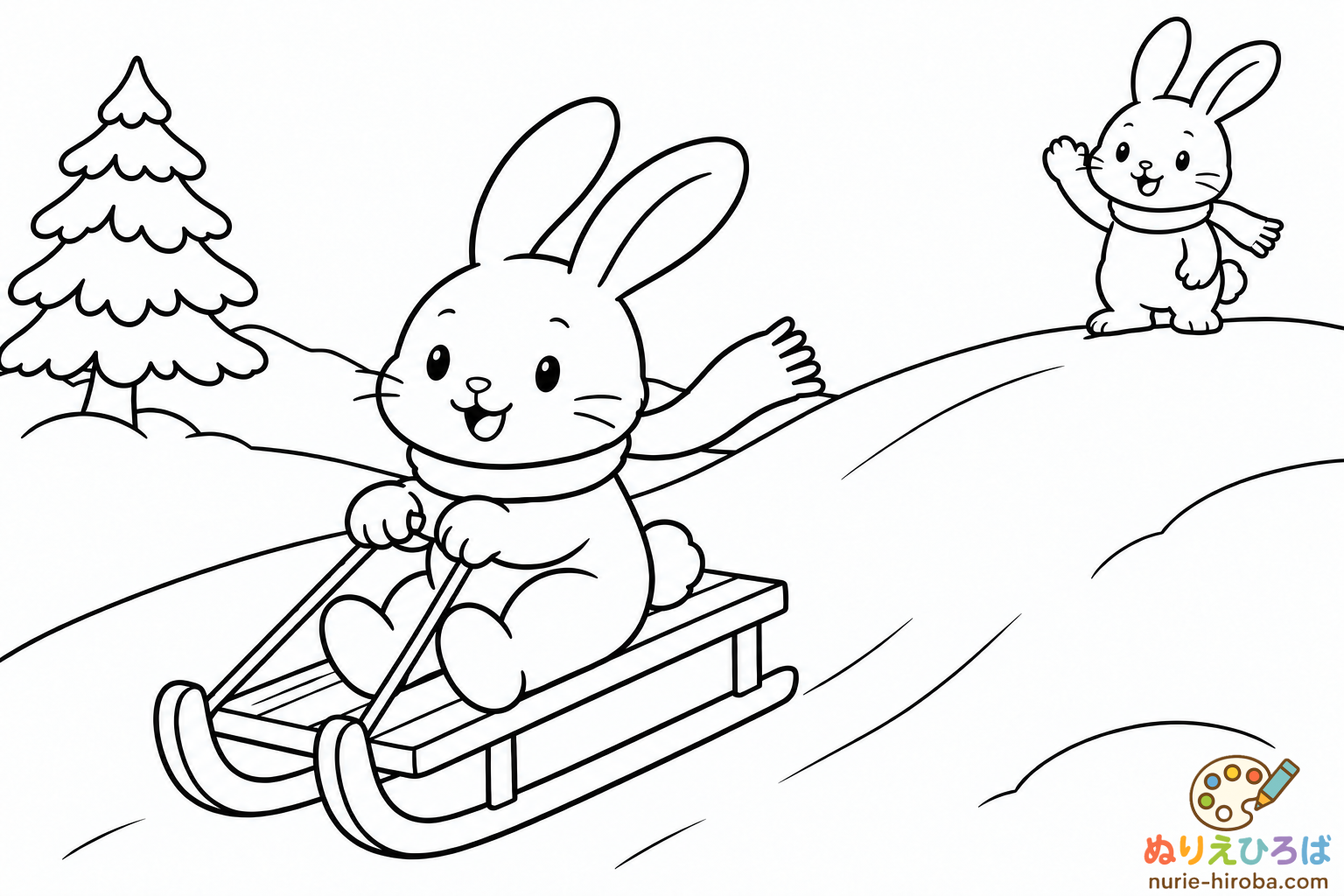 うさぎのそり遊びの塗り絵（プレビュー）