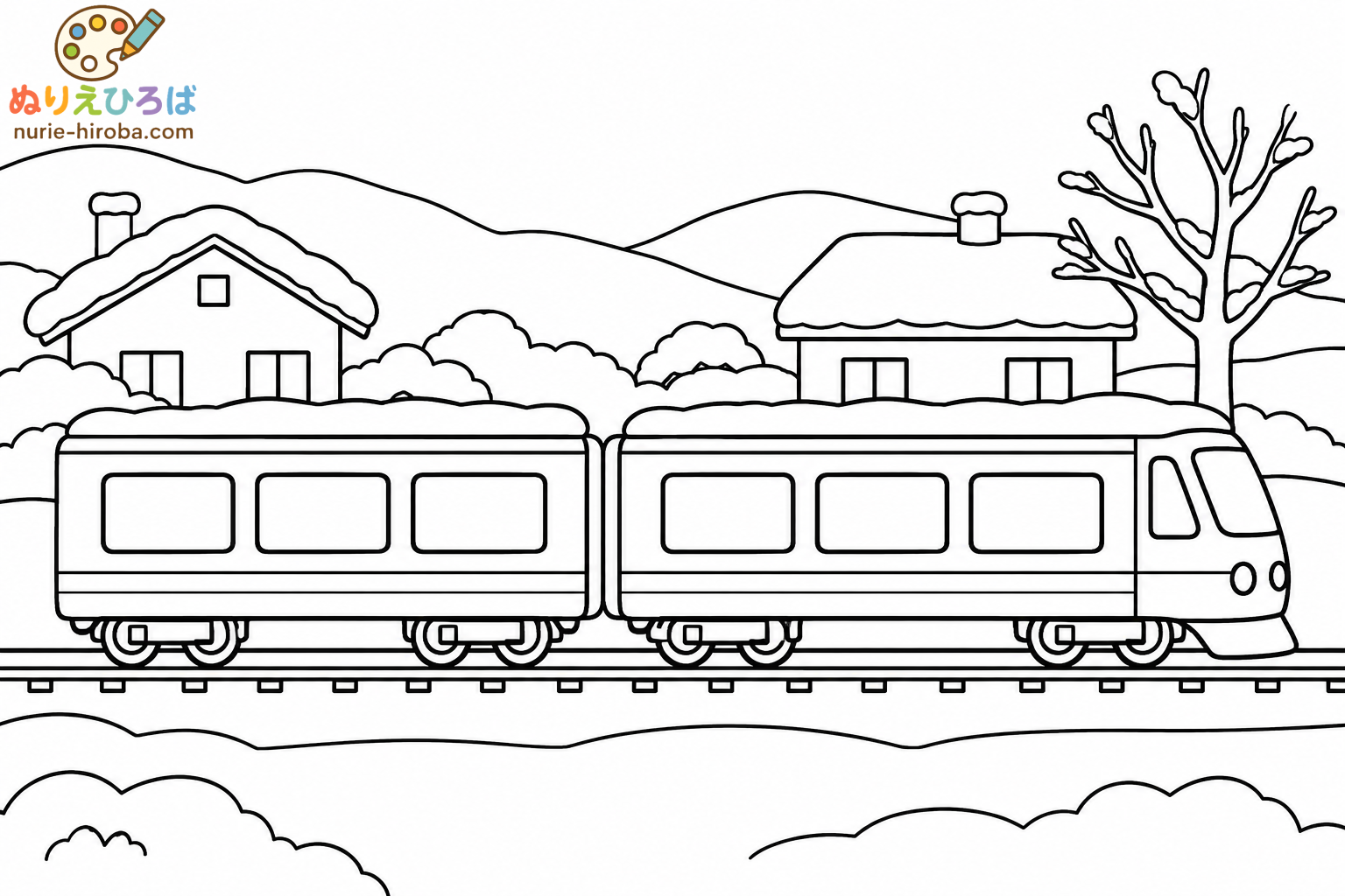 雪の町を走る電車の塗り絵（プレビュー）