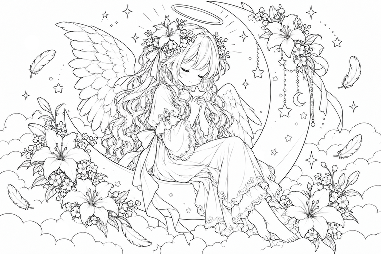 天使と三日月の塗り絵