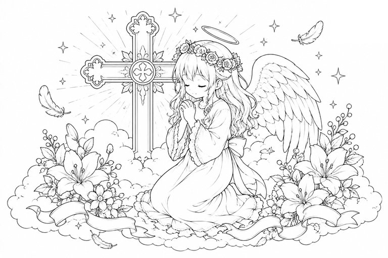 天使と十字架の無料塗り絵