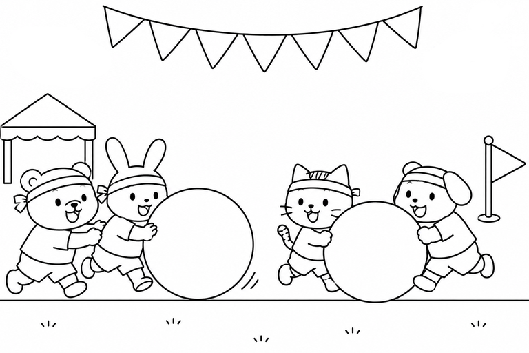 動物たちの大玉転がしの無料塗り絵