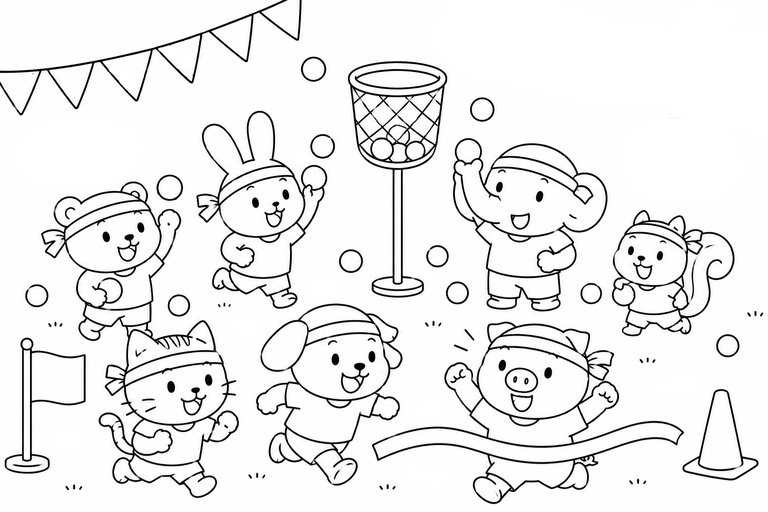 動物たちの運動会の無料塗り絵