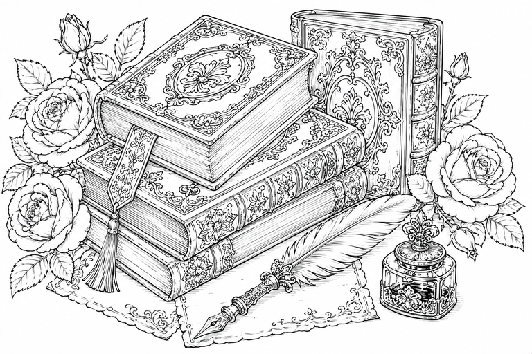 洋書と羽根ペンの塗り絵