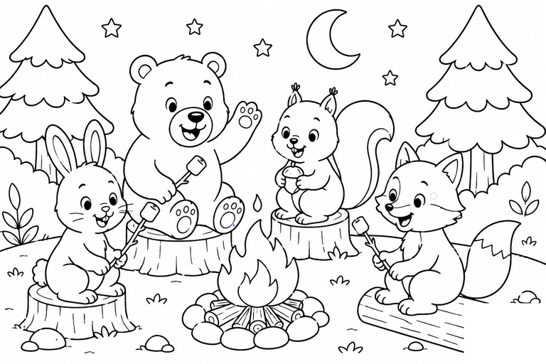 キャンプファイヤーに集まる動物たちの無料塗り絵
