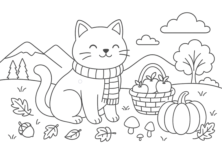 猫と秋の無料塗り絵
