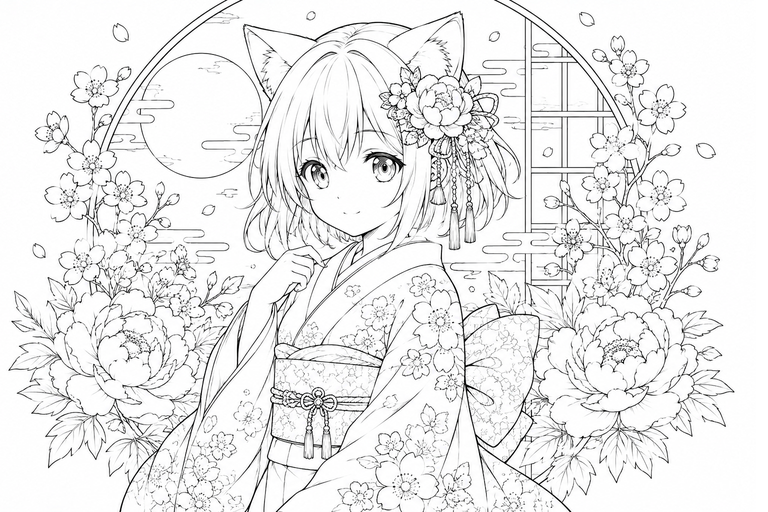 猫耳の女の子の塗り絵