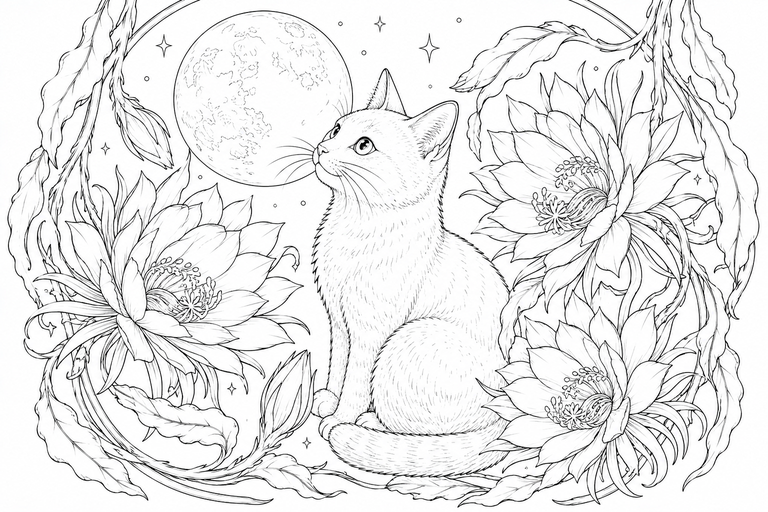 猫と月下美人の塗り絵