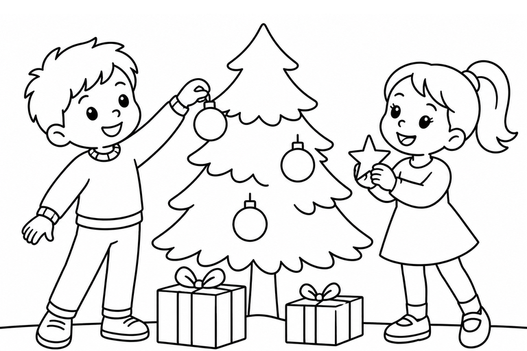 クリスマスツリーを飾る子どもたちの無料塗り絵