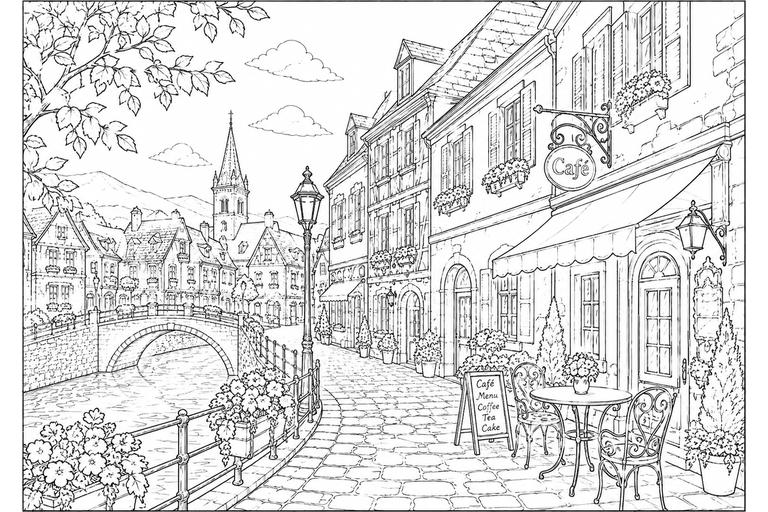 ヨーロッパの街並みの無料塗り絵