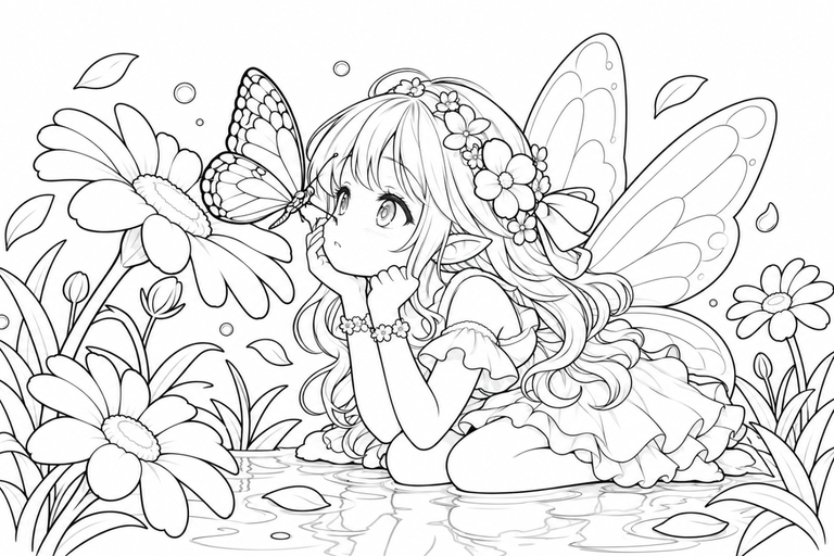 蝶と妖精の塗り絵