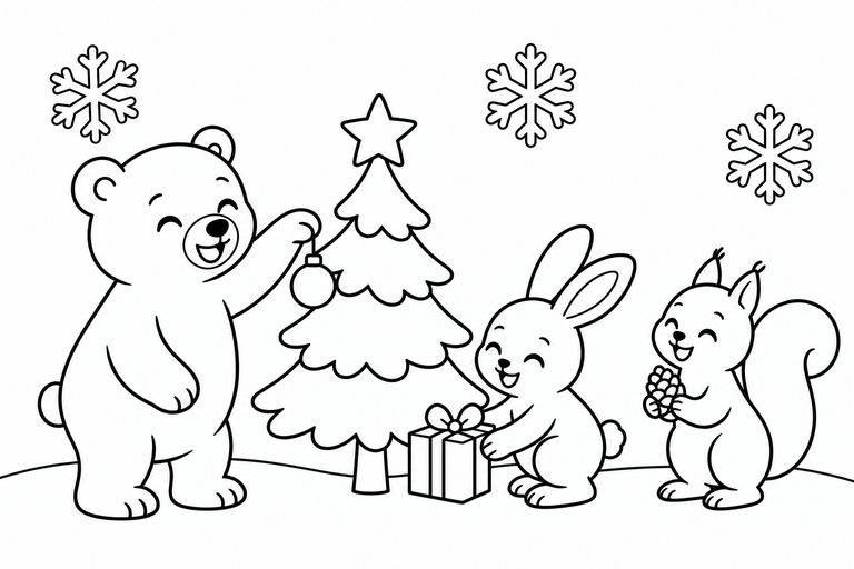 森の動物たちのクリスマスの無料塗り絵