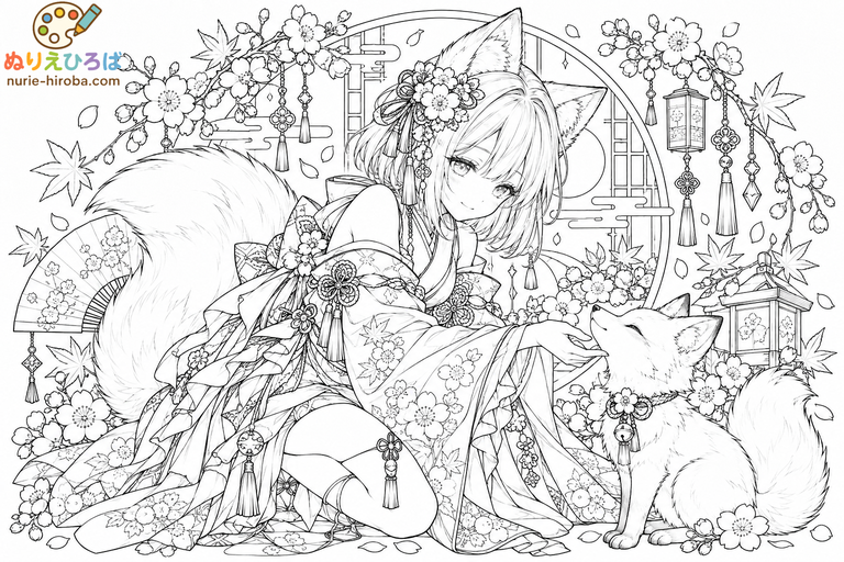 狐と和装の少女の塗り絵