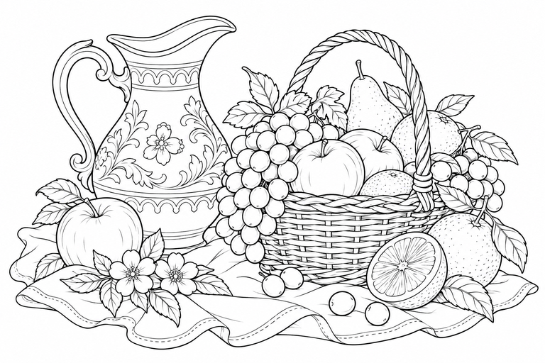 果物と花の静物の塗り絵