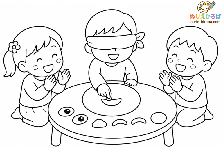 笑顔いっぱいの福笑いの無料塗り絵