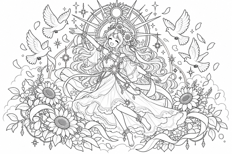 ひまわりと太陽の少女の塗り絵