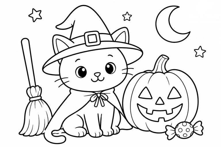 猫とハロウィンの無料塗り絵