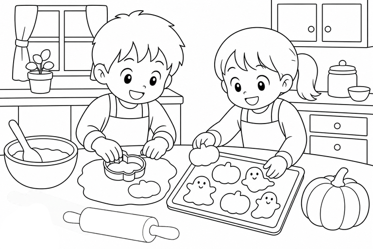 ハロウィンのお菓子作りの無料塗り絵