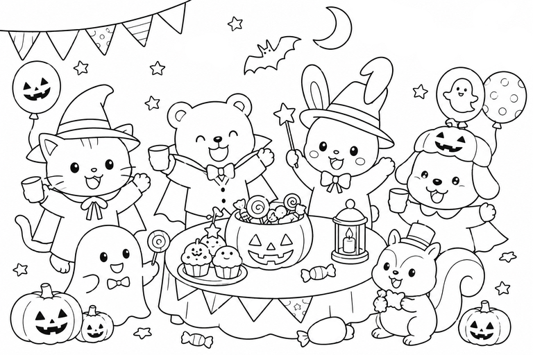 ハロウィンパーティーの無料塗り絵