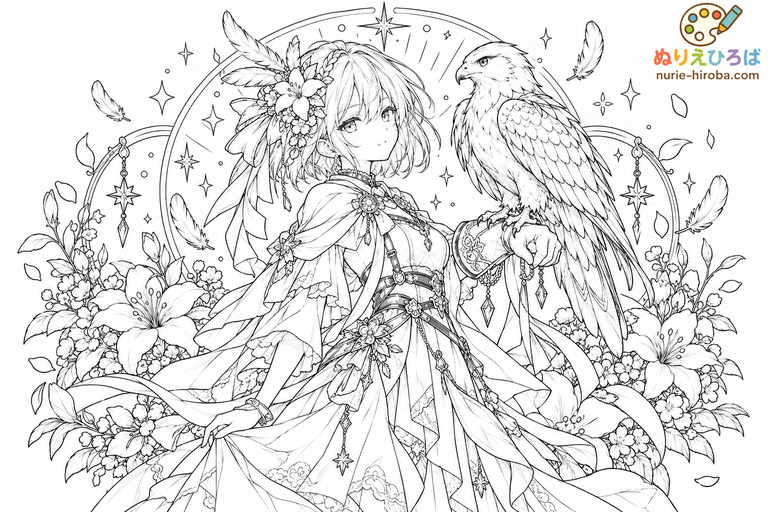 鷹と羽根飾りの少女の塗り絵