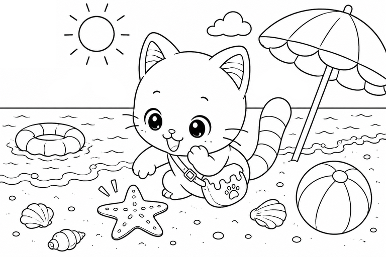 イロネコの海辺で貝がら探しの無料塗り絵
