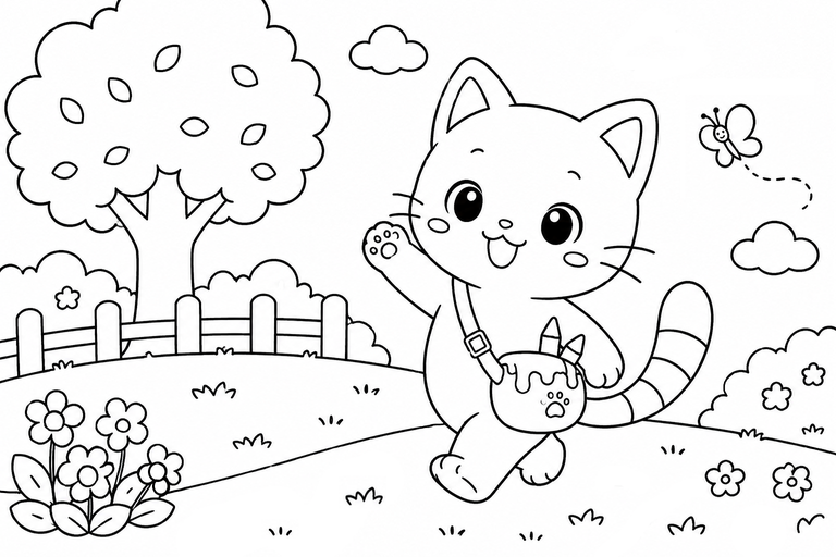イロネコの春のお散歩の無料塗り絵