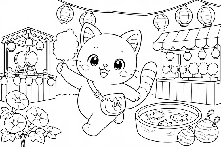 イロネコのわくわく夏祭りの塗り絵