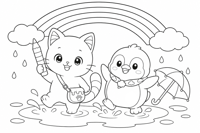 イロネコとそらペンの雨上がりの無料塗り絵